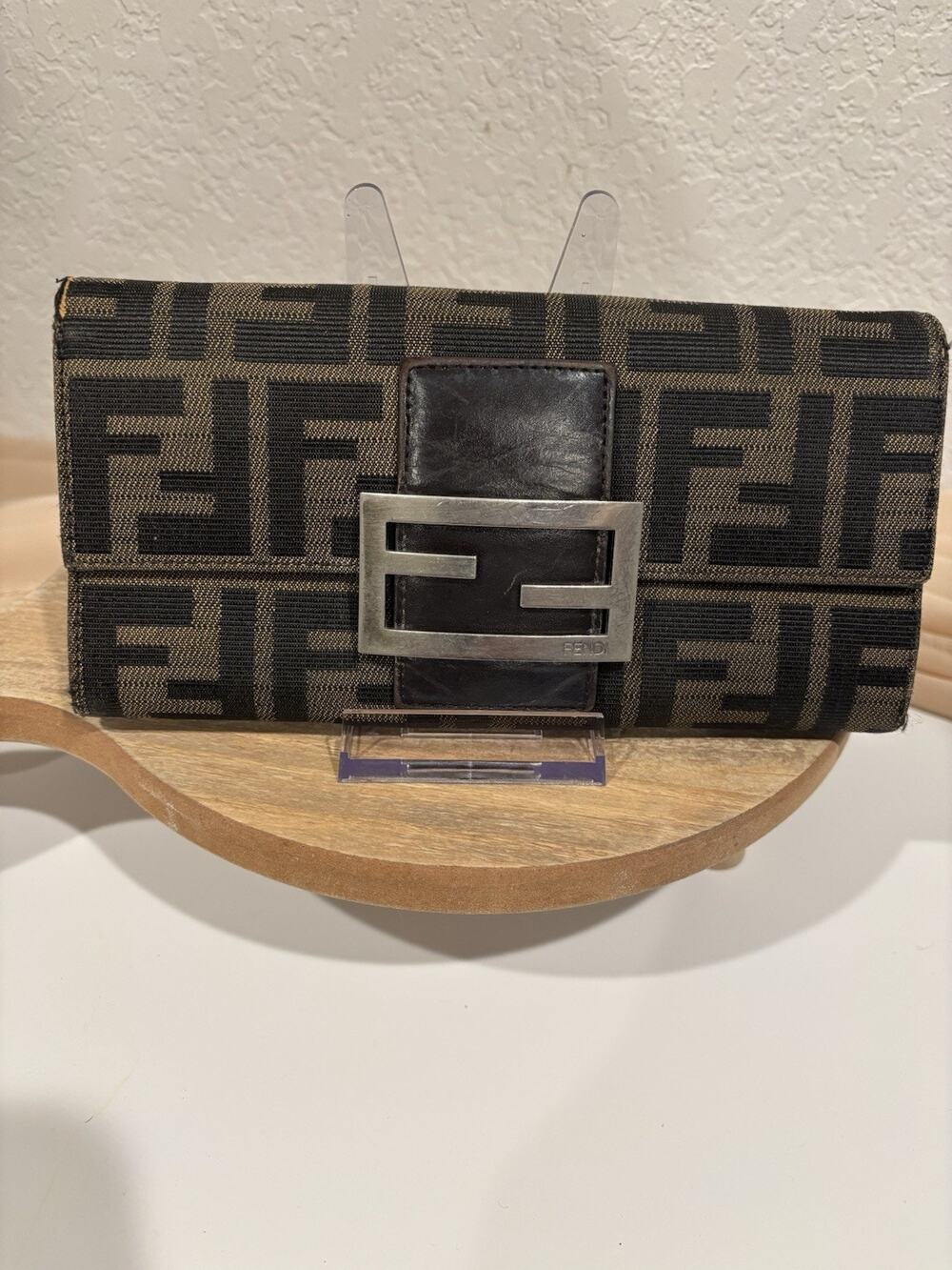 Fendi FF Zucca Logo Long Clutch Flap Wallet Credit Card Zipper Brown Black